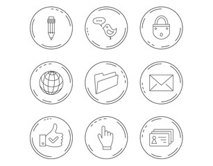 Pencil, press hand and world globe icons.