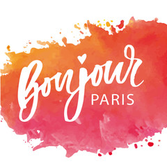 Bonjour Paris Phrase Vector Lettering Calligraphy Brush Watercolor © 1emonkey