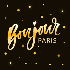 Bonjour Paris Phrase Vector Lettering Calligraphy Brush Gold © 1emonkey