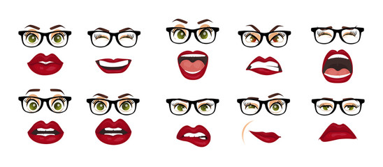 Comic emotions. Woman with glasses facial expressions, gestures, emotions happiness surprise disgust sadness rapture disappointment fear surprise joy smile despondency. Cartoon icons set isolated.