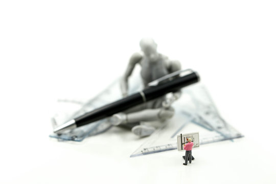 Miniature people : Businessman and Engineer deal production robots,industry  Robot Business concept.