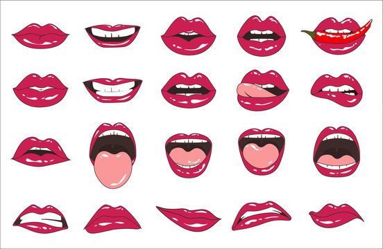 Lips patch collection. Vector illustration of sexy doodle woman lips expressing different emotions, such as smile, kiss, half-open mouth, biting lip, lip licking, tongue out. Isolated on white.