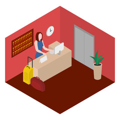 Check into a hotel. Reception with desk. Isometric administrator in lobby
