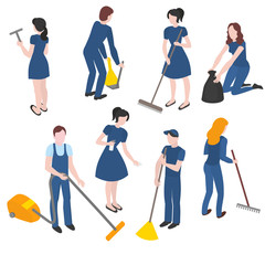 Isometric set of cleaning company staff with the equipment. Cleanup and housekeeping