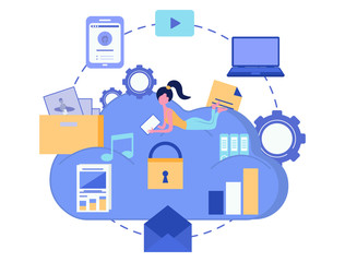 Cloud storage. Data security concept. Cloud computing. Computer device. Vector illustration