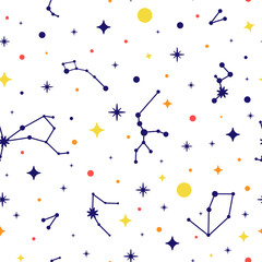 Konstellation nahtlose Muster. Weltraum-Hintergrund. Raummuster mit Sternen, Konstellationen. Vektorillustration für Druck, Karte, Plakat, Broschüre, Textil