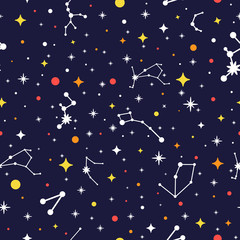 Galaxy seamless pattern. Bright space background. Color constellation texture. Vector illustration for print, card, poster, brochure, textile
