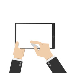 businessman hold tablet and pointing with finger on the blank white screen. tablet and internet technology concept. vector illustration flat design