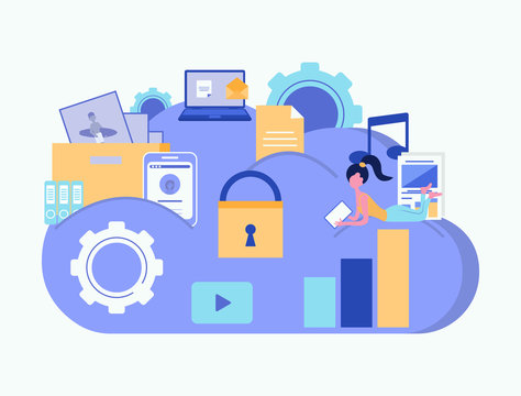 Cloud security concept. Cloud storage. Cloud computing. Data protection. Business concept. Vector illustration