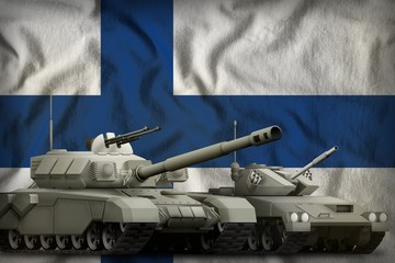 Finland tank forces concept on the national flag background. 3d Illustration