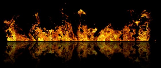 Real line of fire flames with reflection isolated on black background. Mockup on black of wall of...