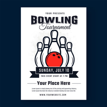 Line art ball and pins illustration on white template for poster design isolated on blue background for Bowling tournament concept.