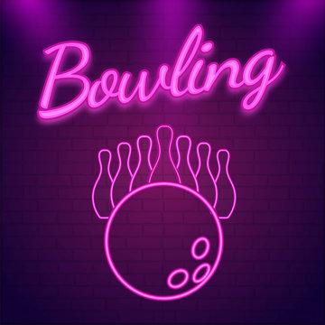 Pink neon text Bowling on wall textured background with pins and ball illustration of for tournament concept.