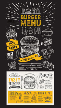 Burger restaurant menu. Vector food flyer for bar and cafe. Design template on blackboard with vintage hand-drawn illustrations.
