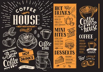 Fotobehang Coffee restaurant menu. Beverage flyer for bar and cafe. Design template with vintage hand-drawn food illustrations. © marchiez
