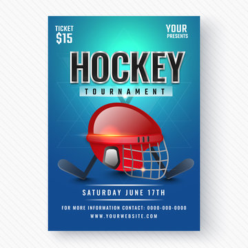 Abstract shiny template flyer design with illustration of red hockey helmet and stick for Hockey Tournament concept.