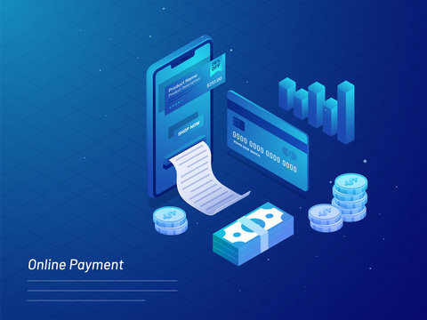 Online shopping app with bag, basket, smartphone and credit card for Online payment concept.