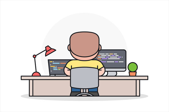 Programmer, software or web developer working on computer at office desk. Cartoon character in flat style