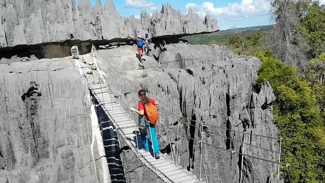 Hiker tourist walks over suspended rope bridge over gorge in Madagascar Tsingy de Bemaraha national park