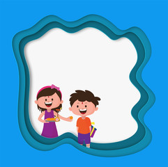 Happy brother and sister character celebrating Raksha bandhan festival on paper cut origami frame with space for your message.