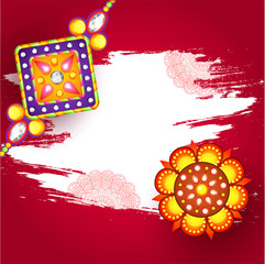 Beautiful floral rakhi on red brush stroke background for Raksha Bandhan Concept.