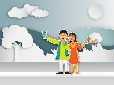 Happy Brother and Sister taking selfie after celebrating Raksha Bandhan Festival. Paper cut origami style.