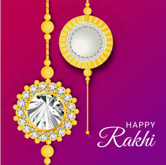Happy Rakhi festival celebration background decorated with hanging wristband (rakhi) on shiny background.