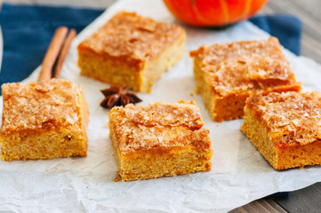 Pumpkin cornmeal bars with spices on a wooden background. Close up.