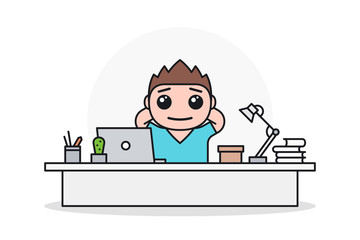 Happy smiling man with hands behind head at office desk. Cartoon character in flat style