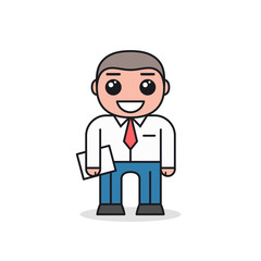 Smiling businessman in white shirt with tie with hands in pockets. Cartoon character design. Front view