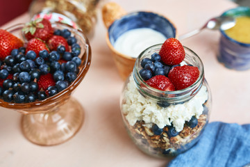 bank with berries, cottage cheese and granola