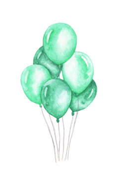 Watercolor air balloons. Hand drawn pack of party green balloons isolated on white background. Greeting object art