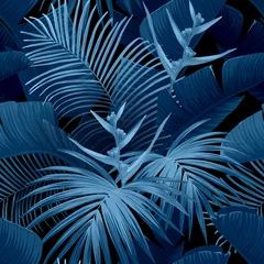 Tapeten Exotischer tropischer Hintergrund mit hawaiianischen Pflanzen und Blumen. Nahtloses Vektorindigomuster mit Banane und königlichen Palmblättern, Paradiesvogelblumen. Vektor-Illustration. © Ms.Moloko