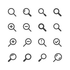 Magnifying glass flat glyph icons. Search, zoom in and out icon. Signs for user interface. Solid silhouette pixel perfect 48x48.