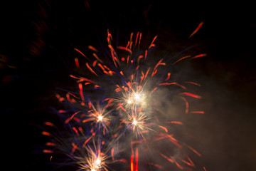 Night burst of beautiful firework celebration with colorful glow, glitter, pattern and motion