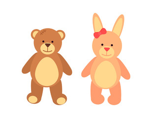 Toys Set Teddy Bear and Rabbit Vector Illustration