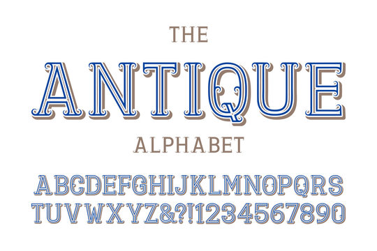 Antique alphabet with numbers in vintage volumetric style.