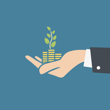 Vector illustration of human hand holding stacks of coins and growth plant. Transparent background, ready to use.