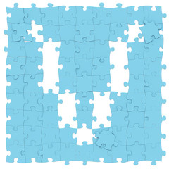 Jigsaw puzzles blue color assembled like capital letter V on white background, puzzle letters may be seamless connected along borders, 3D rendered font image