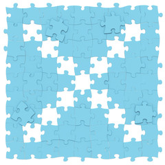 Jigsaw puzzles blue color assembled like capital letter X on white background, puzzle letters may be seamless connected along borders, 3D rendered font image