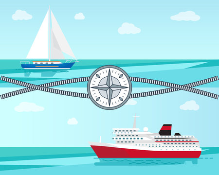 Sailboat and Ship with Ropes Vector Illustration