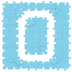 Jigsaw blue puzzles assembled like mathematical digit 0, zero, one on white background, puzzle board may be seamless connected along borders, 3D rendered image 