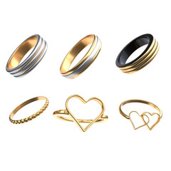 Rings set isolated on the white background 3d render