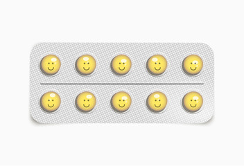 Vector realistic blister with yellow pills with smile icon isolated on transparent background.
