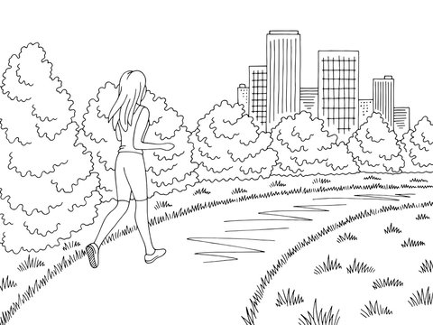 Park graphic black white landscape sketch illustration vector. Girl running