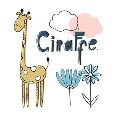 Vector illustration of Giraffe. Nice background. Hand drawn letters style. Scandinavian motives