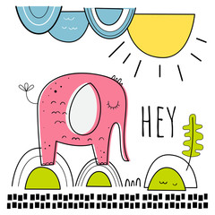 Vector illustration of a cute elephant. Nice background. Cartoon-style . Scandinavian motives..