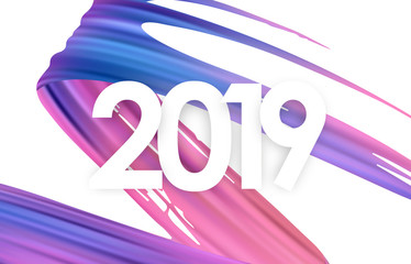 Vector illustration: Colorful brush stroke oil or acrylic paint with New Year 2019. Poster trendy design.