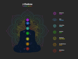 7 Chakras vector illustration poster with yogi silhouette filled with cosmos background and colorful mandala. 7 chakras collection with symbol icons, colors and names. - obrazy, fototapety, plakaty