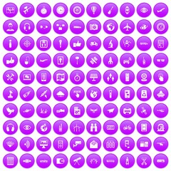100 wireless technology icons set in purple circle isolated on white vector illustration